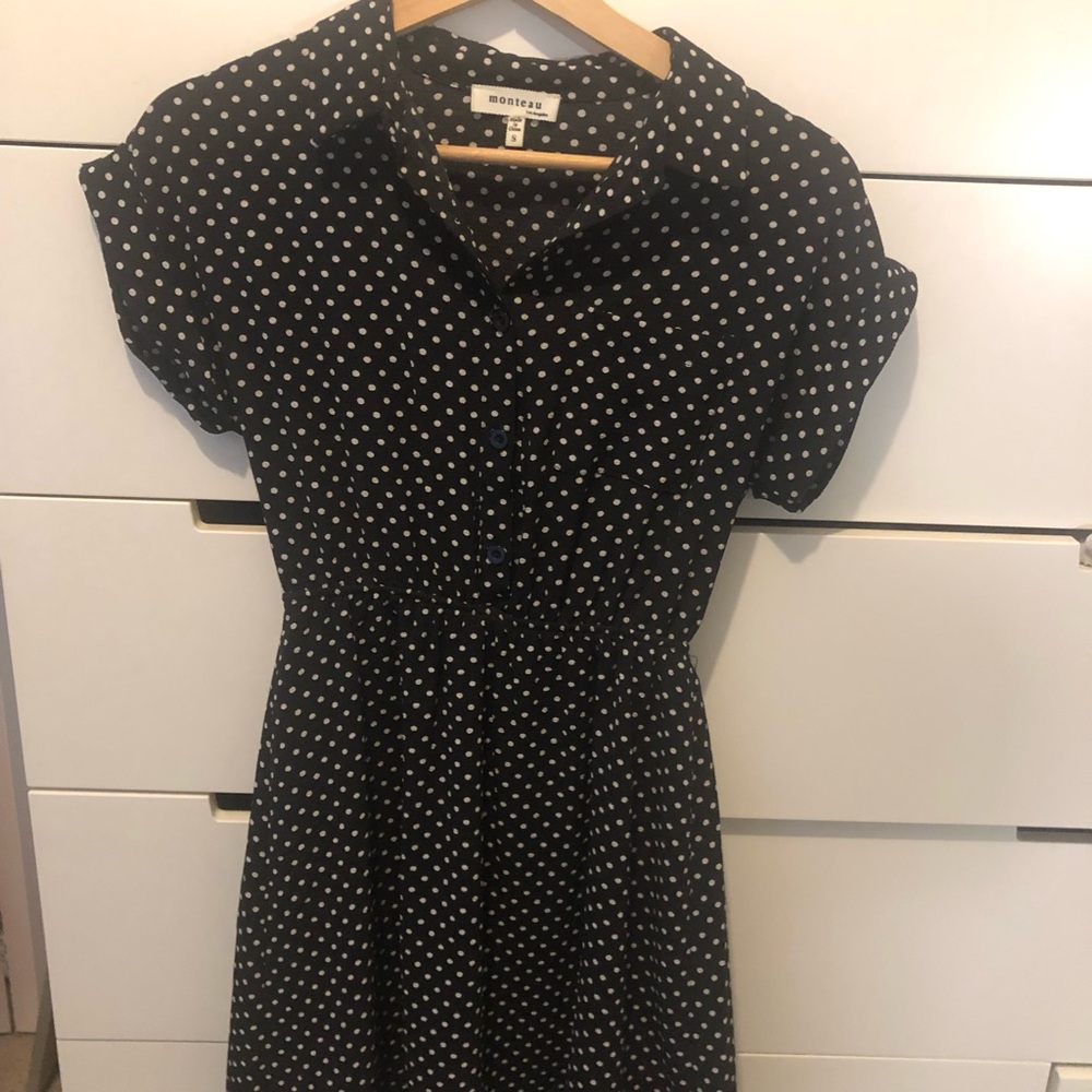 Monteau black mini dress white polka dot